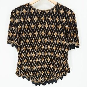 VTG Scala Silk Top Womens XL Gold Black Sequin Art Deco Holiday NYE Party Beaded
